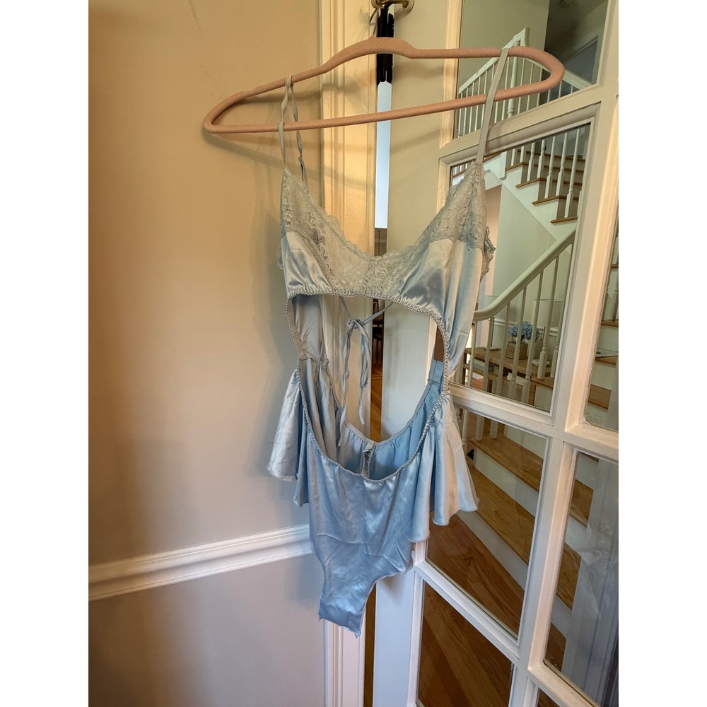 Skims Ruffle Teddy Light Blue Satin Lace Cutout Bodysuit XL New with Tags